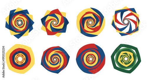 A vibrant collection of eight swirling rose like floral emblems ideal for design projects on transparent background silhouette high quality