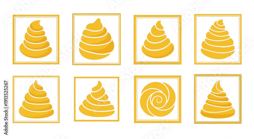 A collection of six golden swirling pile icons framed in squares on transparent background silhouette high quality professional detailed