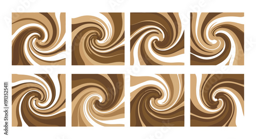 Eight square tiles displaying swirling chocolate and beige patterns ideal for design projects on transparent background silhouette high quality