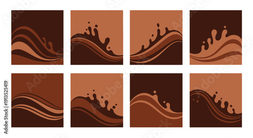 A set of eight square designs featuring flowing chocolate colored waves ideal for backgrounds on transparent background silhouette high quality