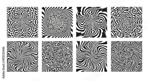 A collection of eight swirling hypnotic optical illusions presented as black and white patterns on transparent background silhouette high quality professional
