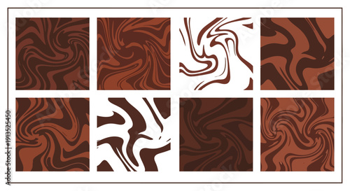A collection of nine swirling marble texture squares in shades of brown and cream on transparent background silhouette