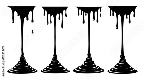 Four black dripping paint shapes create an abstract design ideal for artistic projects on transparent background silhouette high quality