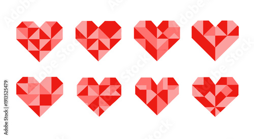 A collection of geometrically shaped red hearts in varying designs ideal for designs on transparent background silhouette high quality
