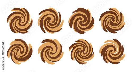 A collection of eight swirling circular coffee cup designs in varying shades on transparent background silhouette high quality professional