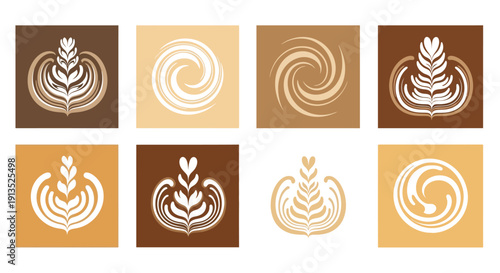 A collection of eight latte art designs presented in square frames on transparent background silhouette high quality professional detailed