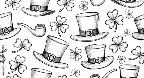 Black and White Seamless St. Patrick's Day Pattern with Hats, Pipes, and Shamrocks,  sketch style, featuring leprechaun hats, smoking pipes, and shamrocks on a white background