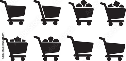 Shopping cart icons in black silhouette on white background