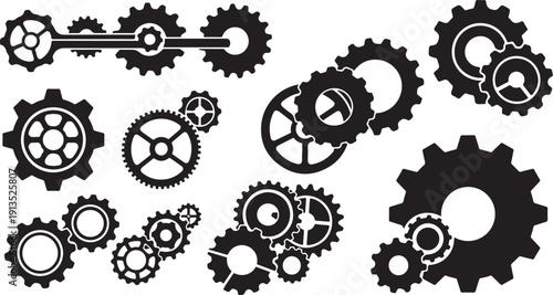 Black and white gears and cogs mechanical illustration set