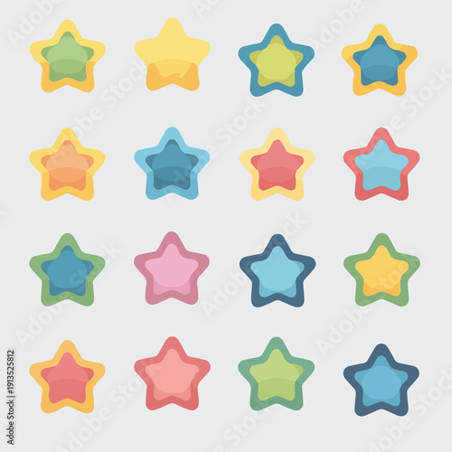 A collection of various colorful, layered stars, on a grey background