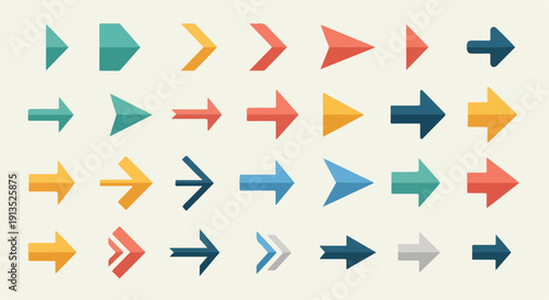 A collection of various colorful right-pointing arrows on a beige background