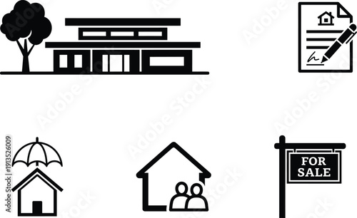 Real estate and property icons in black and white