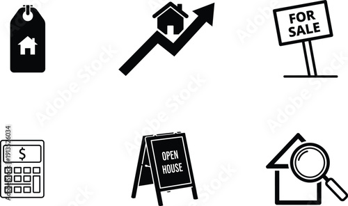 Real estate and property icons set including open house and for sale signs