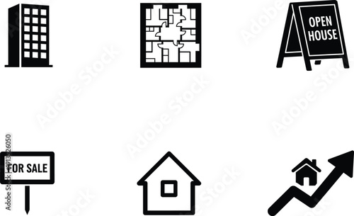 Real estate and property icons with buildings and signs