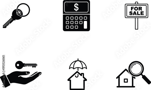Real estate and property icons with key calculator and house for sale concepts