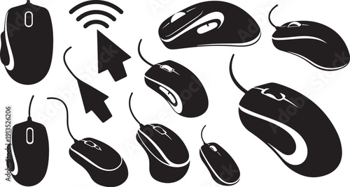 Collection of computer mice and cursor icons in black