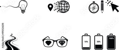 black and white icons of technology and navigation on white background