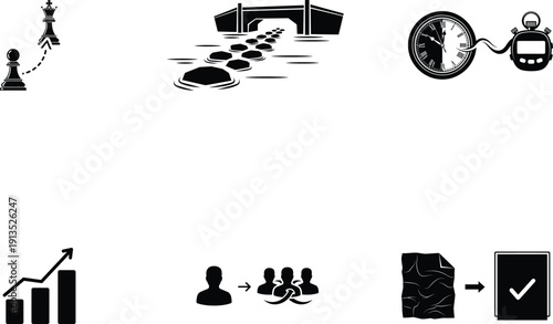 business strategy and planning concept with various icons  chess pieces to teamwork and goal achievement