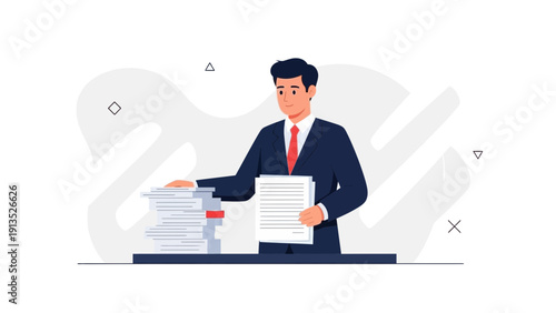 Businessman organizing stacks of documents on desk, paperwork and administration concept