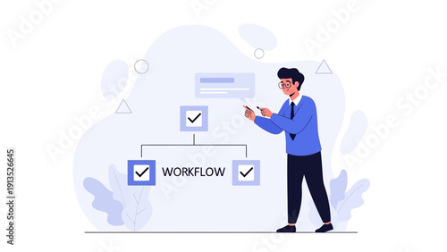 Business man creating workflow diagram with checkmarks, planning and strategy concept