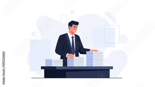 Businessman sorting stacks of documents and papers on a desk
