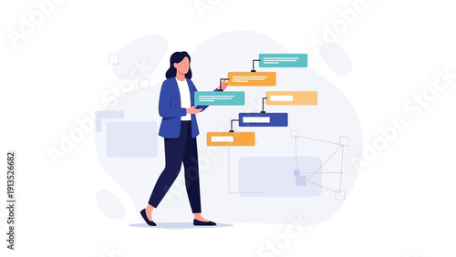 Businesswoman creating workflow chart on digital tablet, planning strategy