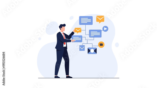 Businessman managing digital workflow and communication channels on abstract background