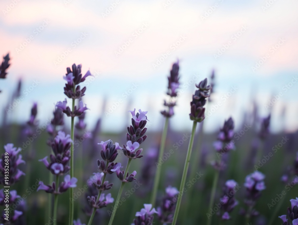 Fototapeta premium Close up of blooming lavender flowers in a field during sunset