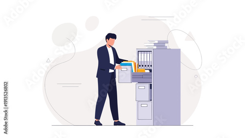 Businessman Organizing Files in Filing Cabinet - Office Document Management