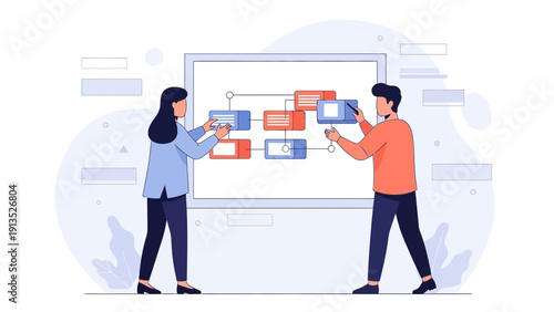 Business meeting: team planning a flowchart on whiteboard