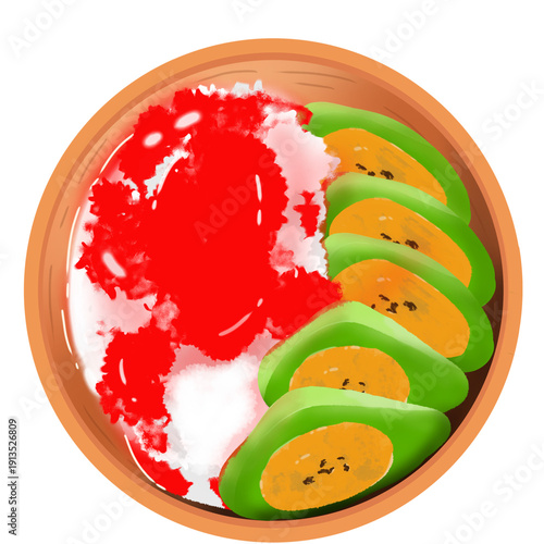 High quality illustration of es pisang ijo served with coconut pandan syrup. Traditional Indonesian iced dessert 