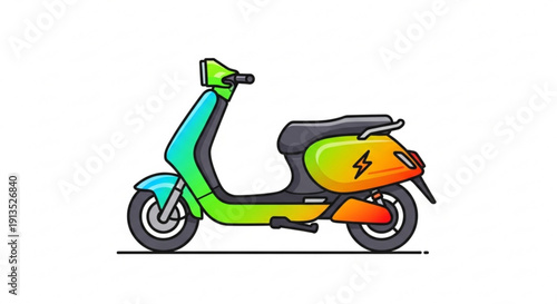 Colorful electric scooter with lightning symbol on battery pack side view green blue orange and yellow hues eco friendly transportation