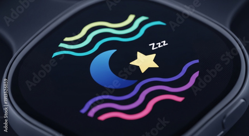 Sleep tracker display with moon star and wavy lines on smartwatch screen at night