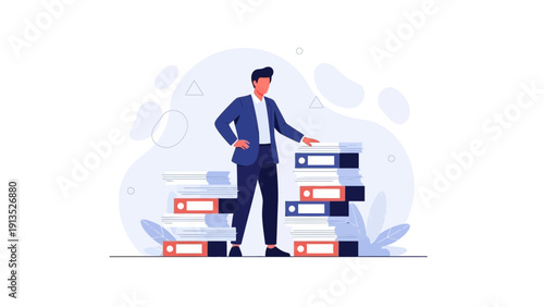 Business Man Standing Next to Stack of Files and Folders