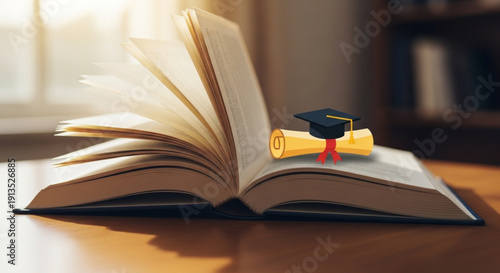 Graduation Cap on Open Book on Wooden Desk, Education Achievement