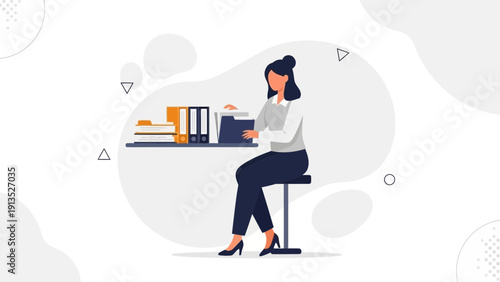 Woman Organizing Files at Desk with Books and Folders | Business Office Work