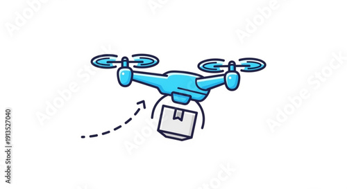 Drone delivering package in flight with rotating propellers and dashed line trajectory on white background