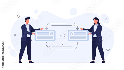 Business People Exchanging Information Cards with Data Transfer Icons