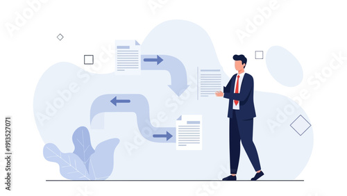 Business Professional Analyzing Workflow Process with Documents and Arrows