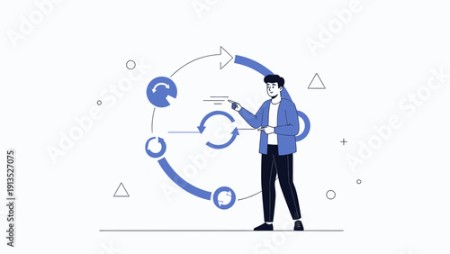 Man interacting with a circular process diagram and workflow elements