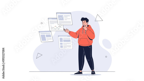 Man juggling tasks and data reports, multitasking concept, flat illustration