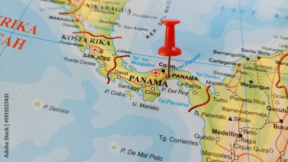 Naklejka premium View of Panama, officially the Republic of Panama, is a country located at the southern end of Central America, bordering South America, on a geographical map of America, marked with red push pin