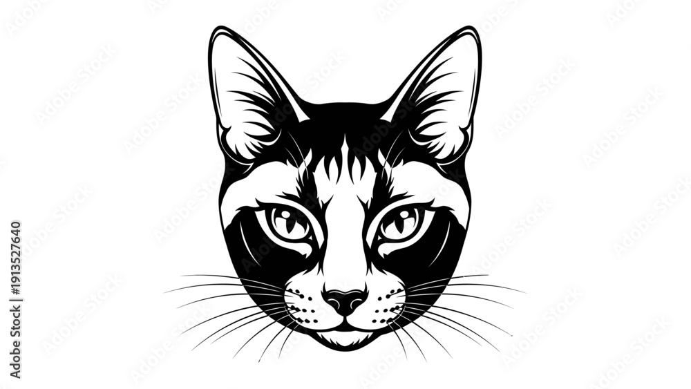 Fototapeta premium Black and White Cat Face Portrait, Elegant Feline Head with Striking Eyes, Graphic Illustration
