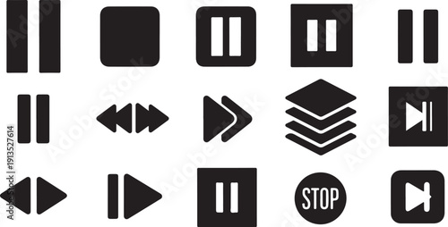 Black and white media player control icons on screen