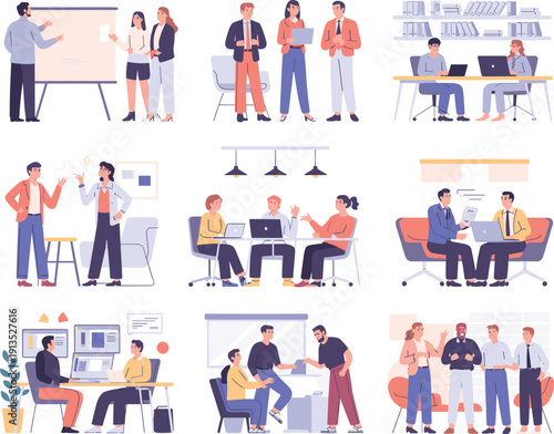 Business team meeting and collaboration scenes set, office workers brainstorming, presentation and teamwork concept flat vector illustration collection
