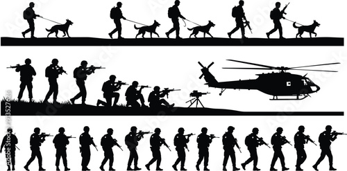 Military soldiers silhouettes with rifles and dog helicopter black vector illustration isolated on white background army combat concept