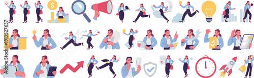 Businesswoman multitasking activities set with marketing icons, office workflow, startup growth strategy concepts, flat vector illustration isolated on white background