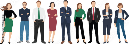 Confident diverse business professionals standing with arms crossed, corporate office team in formal attire isolated on white background vector illustration