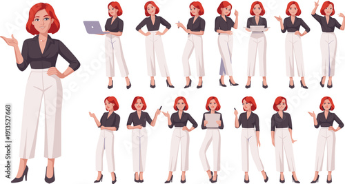 Confident professional businesswoman character set with laptop and documents, corporate office worker poses collection, female avatar flat vector illustration