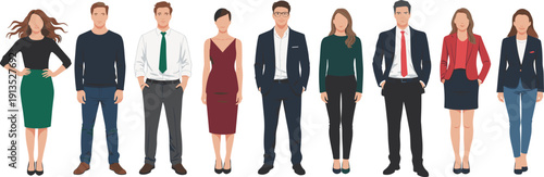 Diverse business people standing in formal office wear, corporate team characters isolated on white background, professional men and women vector illustration